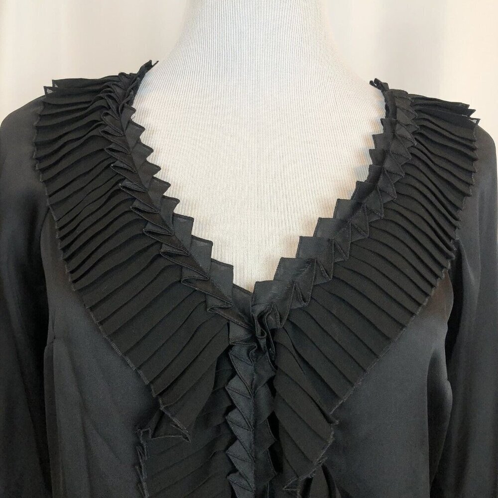 WHBM Black Satin Blouse XS V Neck Pleated Folds Puff Sleeves Whimsigoth Witchy